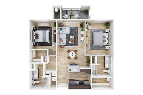 Floor plan for 2 beds, 2 baths, 1067 sqft